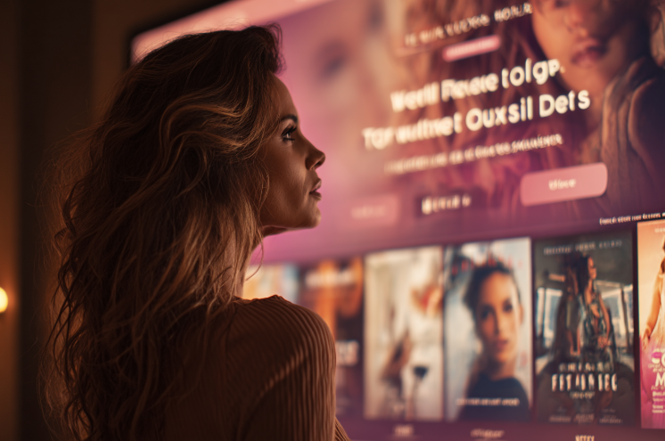Mulher olhando para uma tv e escolhendo uma série para assistir