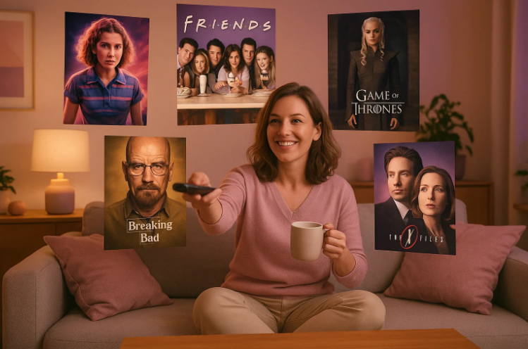 mulher com controle remoto na mão escolhendo séries na tv