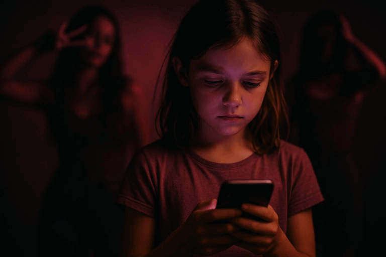 criança de cerca de 10 anos mexendo co celular