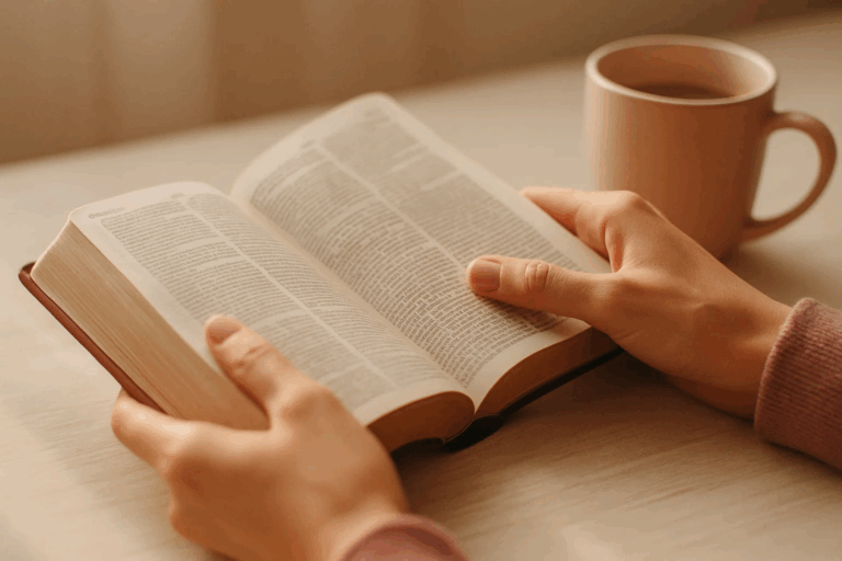 Mãos de uma mulher segurando a bíblia enquanto toma seu café da manhã