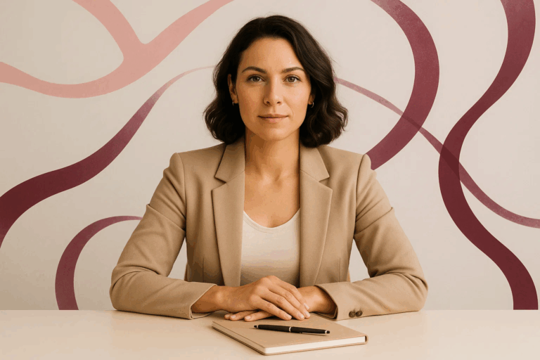 Mulher olhando com firmeza enquanto escreve, simbolizando o uso de gatilhos mentais para superar a autocrítica e desenvolver autoconfiança.