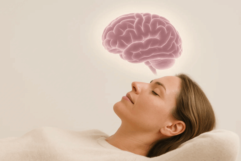 Mulher deitada em estado de relaxamento profundo com ilustração de cérebro flutuando acima da cabeça, simbolizando o impacto da hipnose na mente ansiosa.