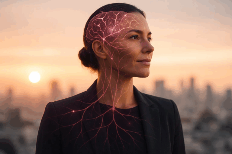 Ilustração de conexões neurais sobre uma mulher contemplativa, simbolizando a neuroplasticidade e a transformação mental feminina.