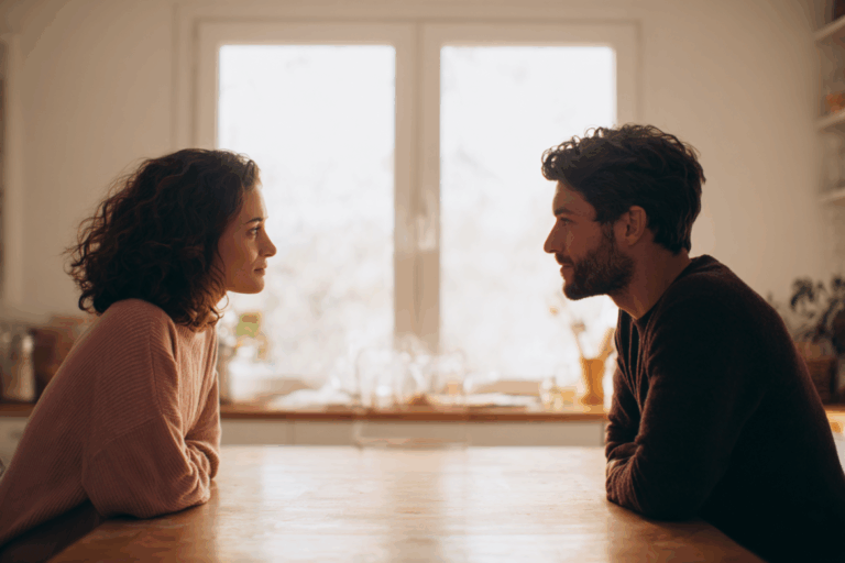 casal conversando um sentado de frente para o outro numa mesa de madeira